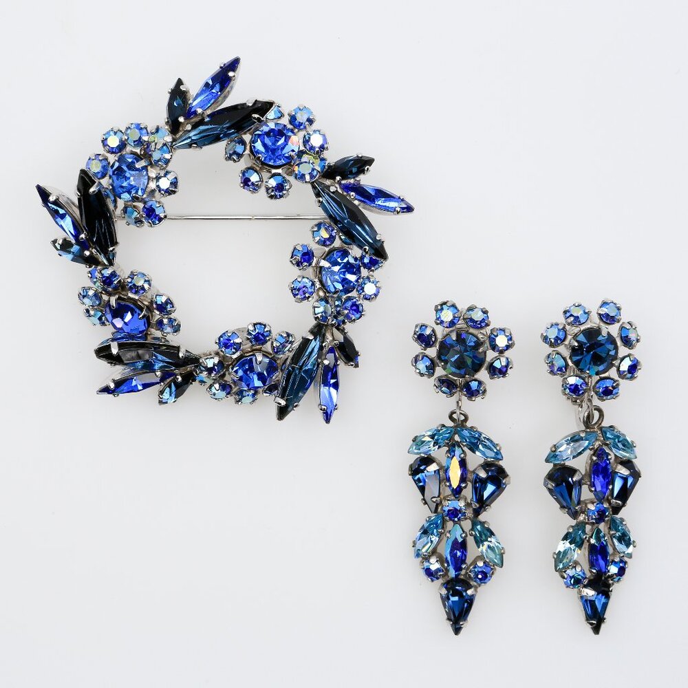 Vintage Sherman Blue Rhinestone Wreath Brooch & Drop Clip On Earrings Set 1950s